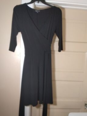 AB Studio Black Wrap Midi Dress with Tie Waist
